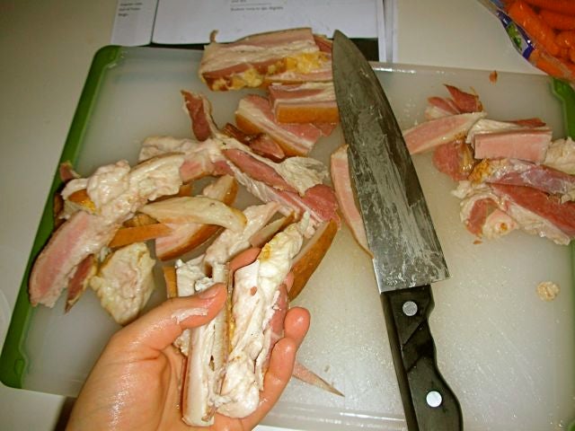 Cutting bacon into rinds and lardons