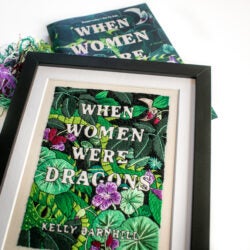 embroidery of leaves and book cover of WHEN WOMEN WERE DRAGONS