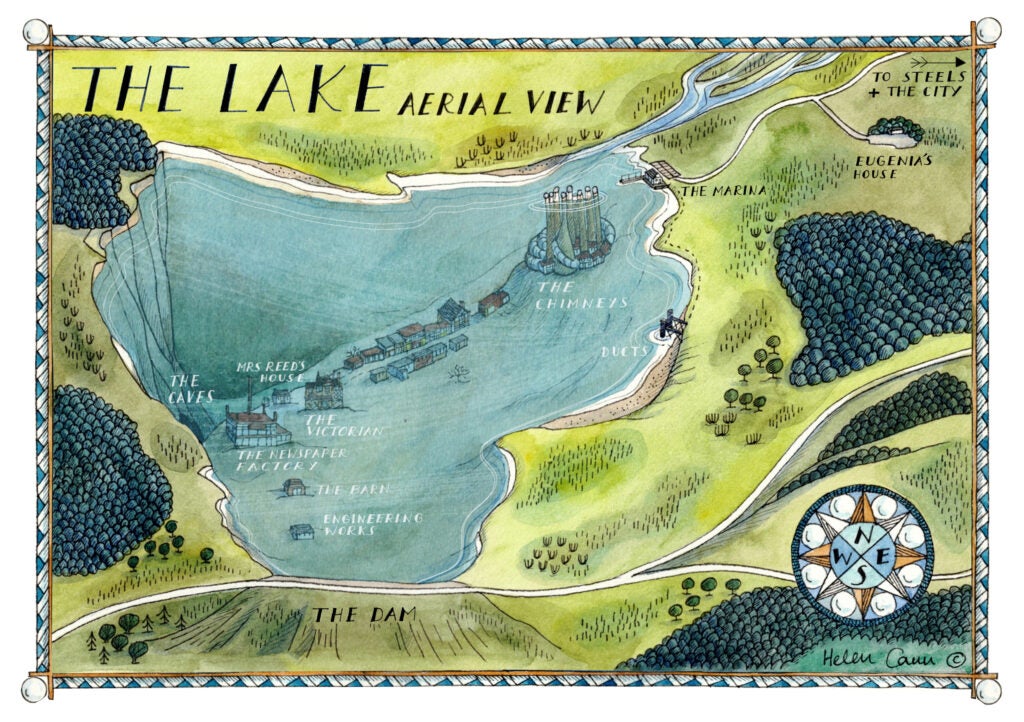 Aerial view of the town featured in UNDERLAKE a literary debut by Erin L. McCoy. Map illustrated by Helen Cann.