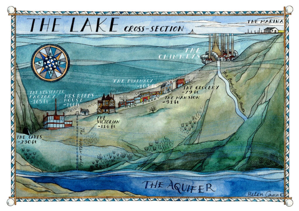 Cross-section view of the town featured in UNDERLAKE a literary debut by Erin L. McCoy. Map illustrated by Helen Cann.